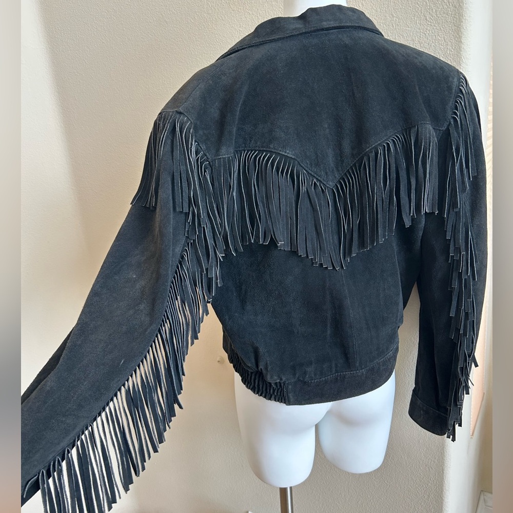 Wilson’s Vintage Fringe Bomber Jacket Small Black Suede Zipper Front - Picture 4 of 11